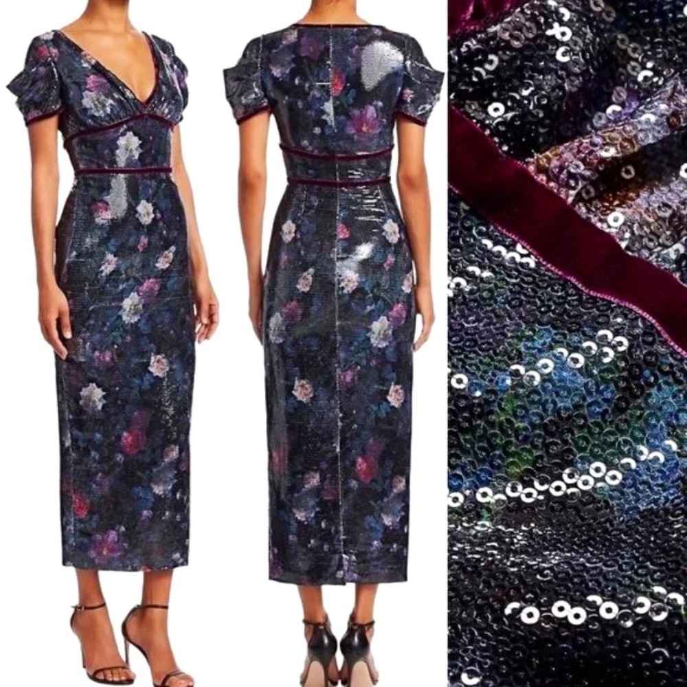 NWT Marchesa Notte Sequin Floral Tea Length Sequin Dress Size 8